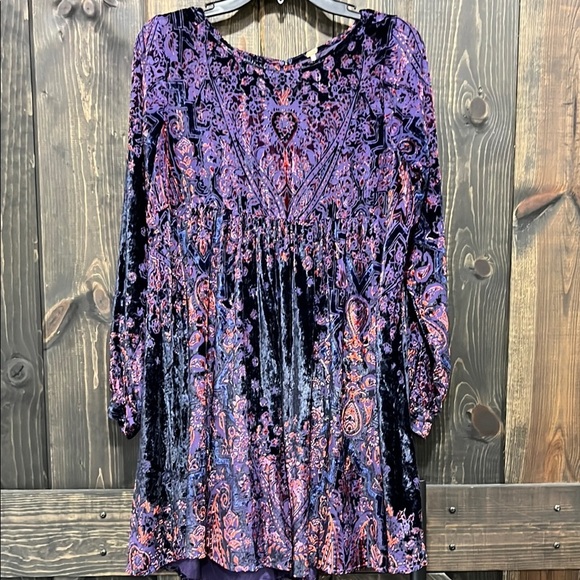 Free People Mirror Mirror Mini Dress XS Velvet Floral Paisley Purple Boho Tunic - Picture 1 of 10